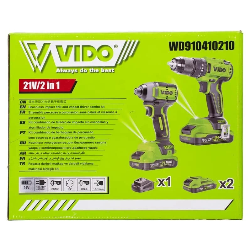 کیت دریل شارژی چکشی و آچار بکس شارژی ویدو WD910410210