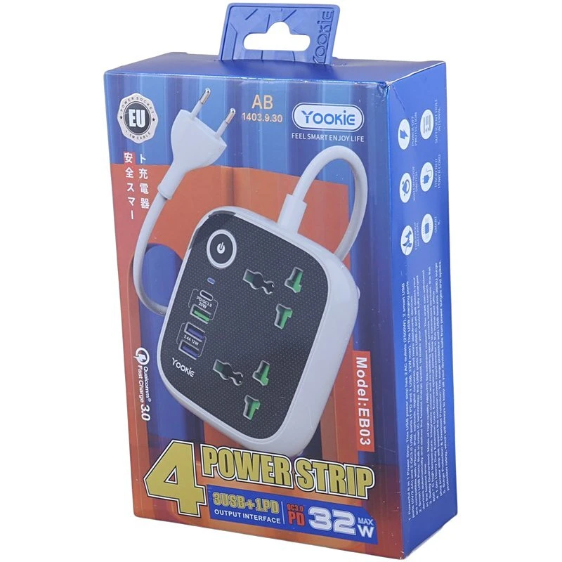 چند راهی 2 خانه یوکی EB03 با کابل 1.4 متری + شارژر USB و Type-C