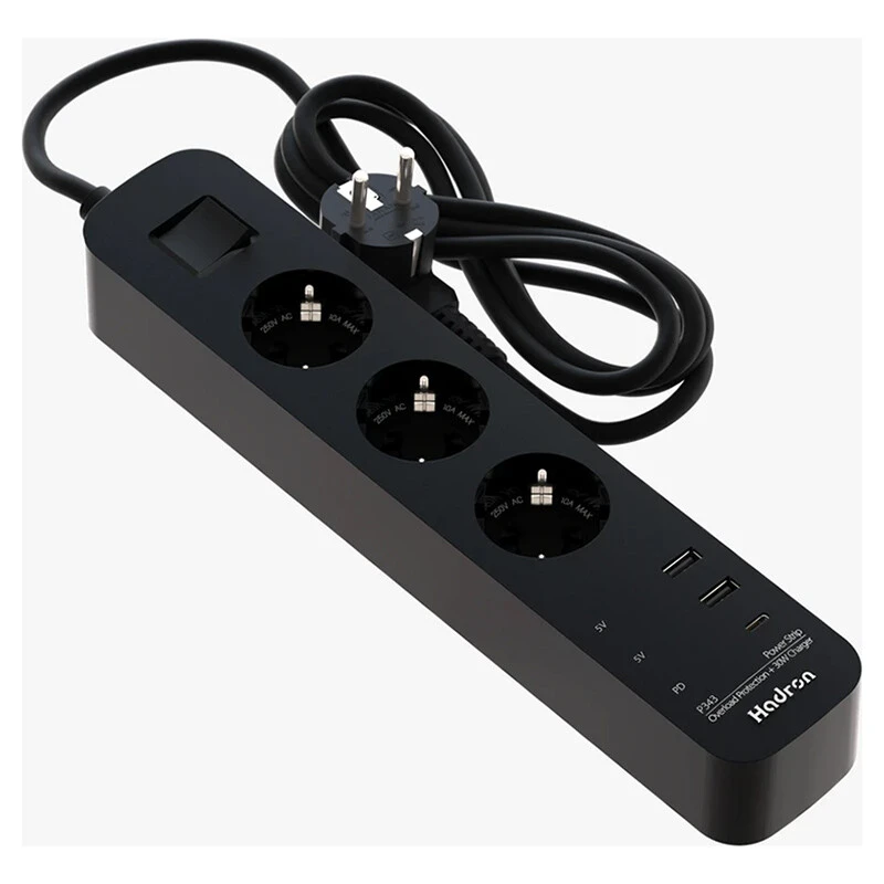 چند راهی 3 خانه ارت دار هادرون P343 با کابل 1.8 متری + شارژر USB و Type-C
