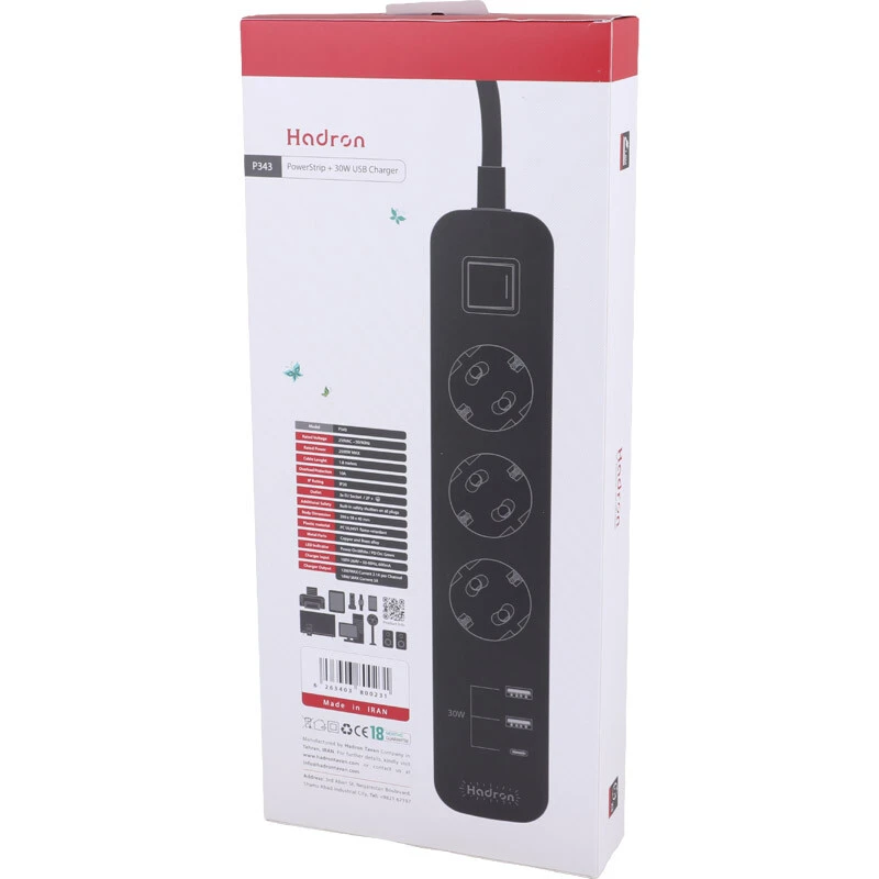 چند راهی 3 خانه ارت دار هادرون P343 با کابل 1.8 متری + شارژر USB و Type-C