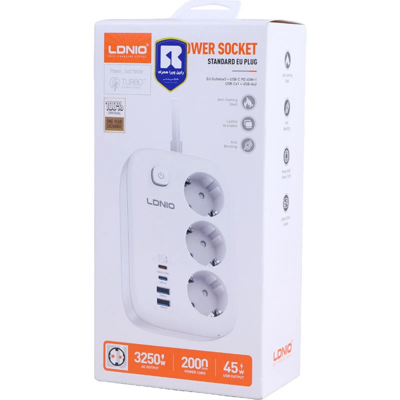 چند راهی 3 خانه ارت دار الدینیو SE2 با کابل 2 متری + شارژر USB و Type-C