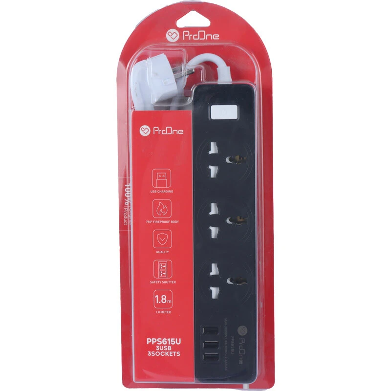 چند راهی 3 خانه ارت دار پرووان PPS615U با کابل 1.8 متری + شارژر USB