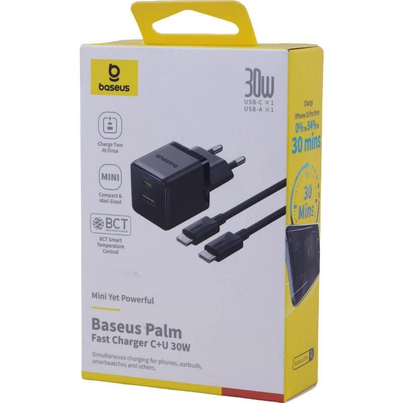 شارژر دیواری 30 وات باسئوس Palm P1011160A113 QC3.0 PD3.0 3A + کابل تبدیل تایپ سی