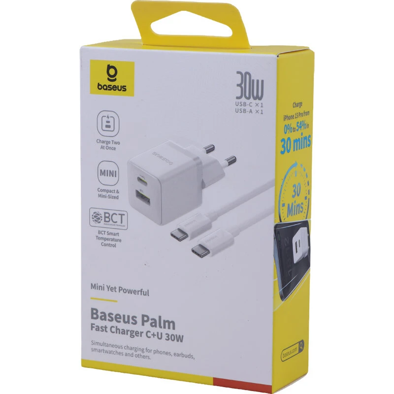 شارژر دیواری 30 وات باسئوس Palm P1011160A113 QC3.0 PD3.0 3A + کابل تبدیل تایپ سی