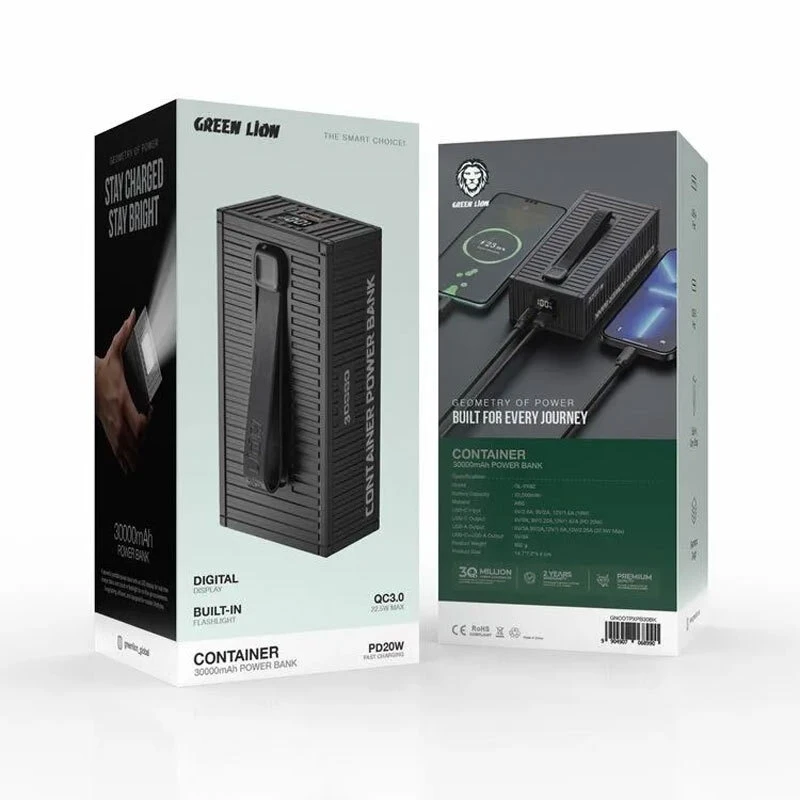 پاور بانک فست شارژ گرین لاین Container GL-PX62 GNCOTPXPB30BK QC3.0 PD 22.5W ظرفیت 30000 میلی آمپر ساعت