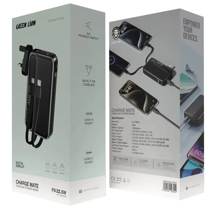 شارژر دیواری و پاور بانک فست شارژ گرین لاین Charge Mate GL-PBX5 PD QC 22.5W ظرفیت 10000 میلی آمپر ساعت