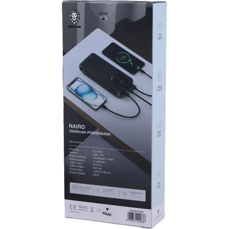 پاور بانک گرین لاین Nairo GL-PX39 GNNAR20PB 12W ظرفیت 20000 میلی آمپر ساعت