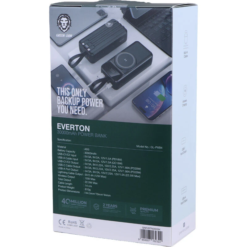 پاور بانک بی سیم فست شارژ گرین لاین Everton GL-PXB4 GNEVRTN30K QC PD 22.5W ظرفیت 30000 میلی آمپر ساعت