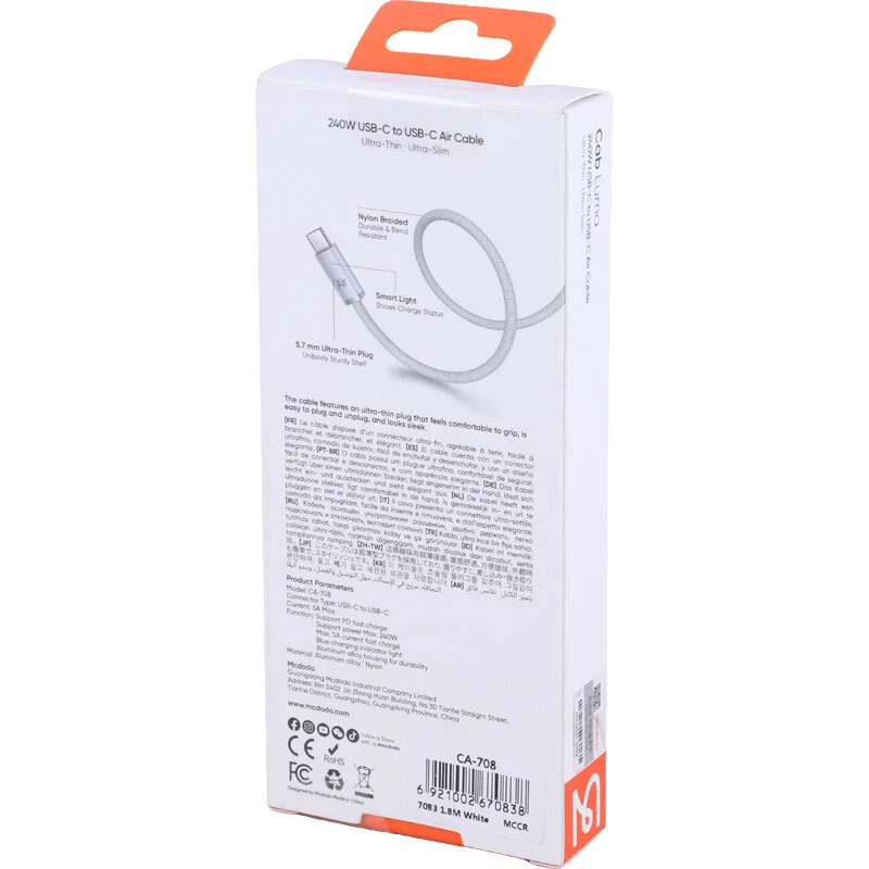 کابل دو سر تایپ سی فست شارژ 240 وات مک دودو Cab Luma CA-708 طول 1.8 متر