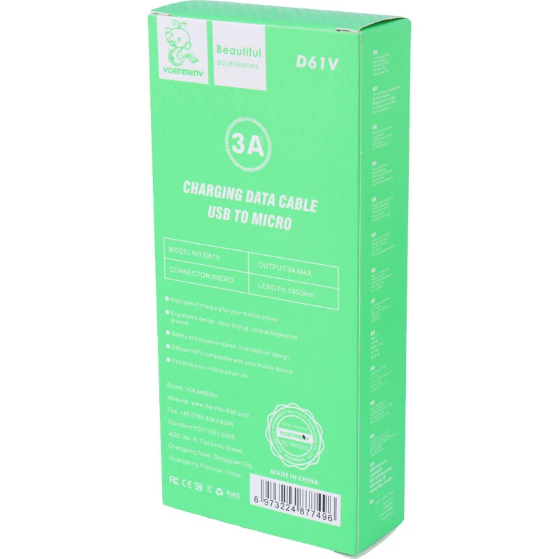 کابل میکرو یو اس بی فست شارژ 3 آمپر دنمن D61V طول 1 متر
