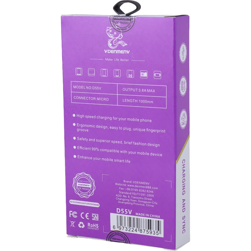 کابل میکرو یو اس بی فست شارژ 3.6 آمپر دنمن D55V طول 1 متر