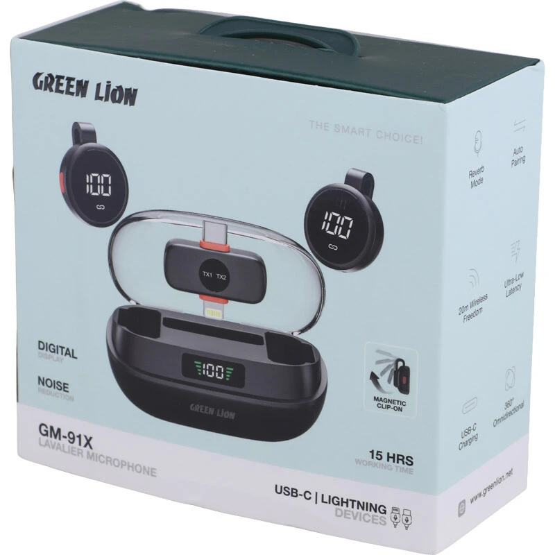 میکروفون یقه ای بی سیم دوتایی گرین لاین GM-91X GNGM91XMIC Type-C / Lightning
