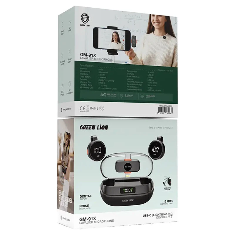 میکروفون یقه ای بی سیم دوتایی گرین لاین GM-91X GNGM91XMIC Type-C / Lightning