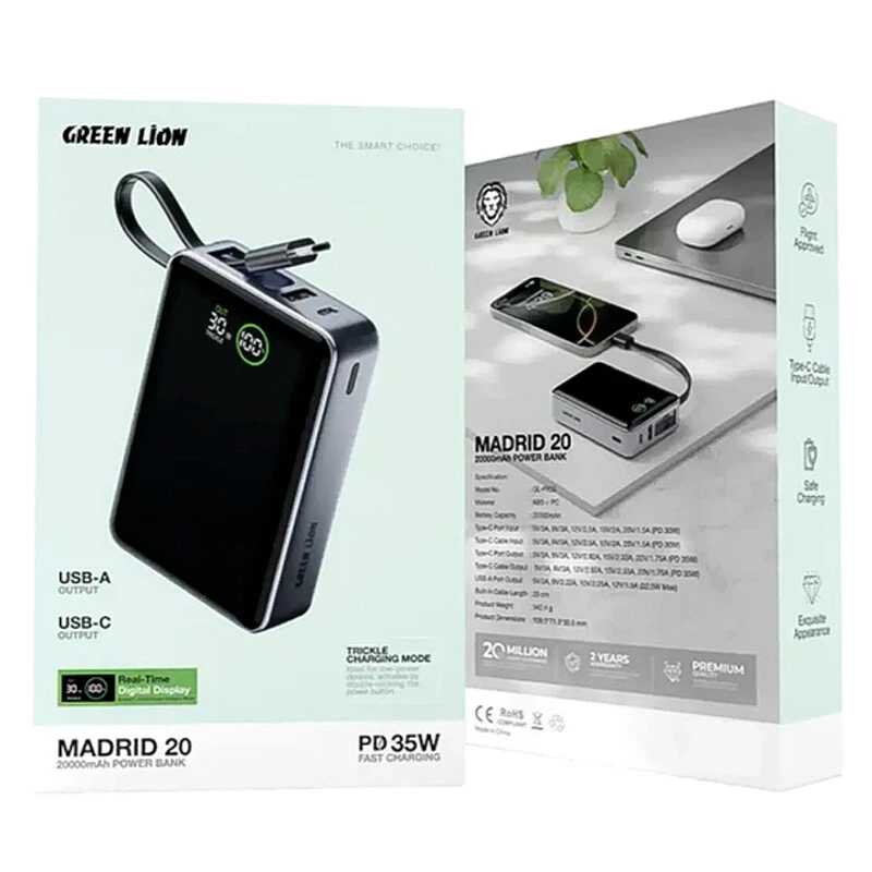 پاور بانک فست شارژ گرین لاین Madrid 20 GL-PX32 GNMAD20PBKGY PD 35W ظرفیت 20000 میلی آمپر ساعت