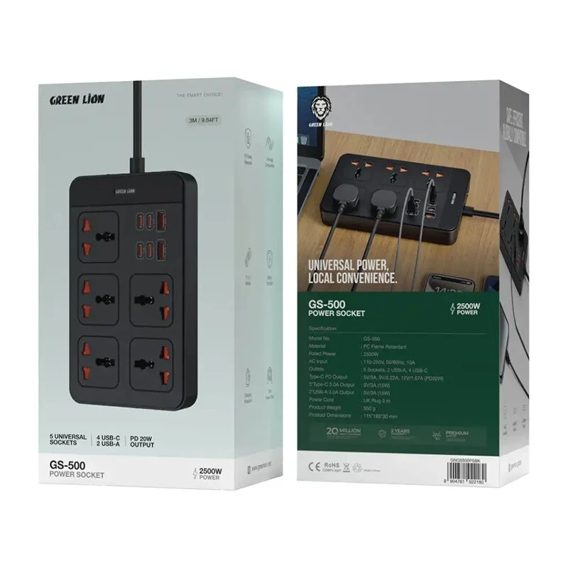 چند راهی 5 خانه گرین لاین GS-500 GNGS500PSBK با کابل 3 متری + شارژر USB و Type-C