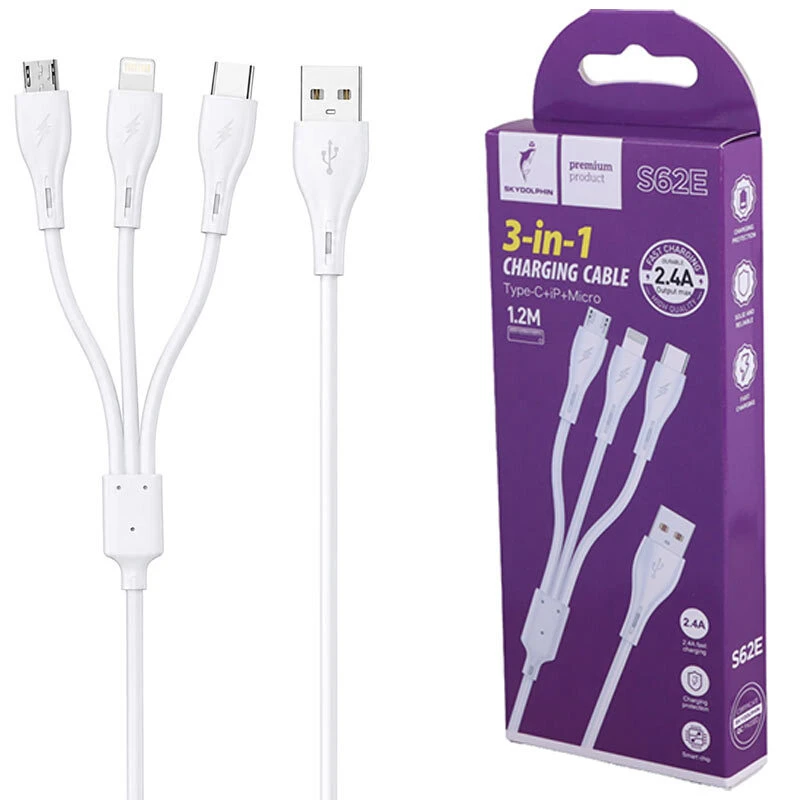 کابل سه سر فست شارژ 2.4 آمپر اسکای دلفین S62E طول 1.2 متر