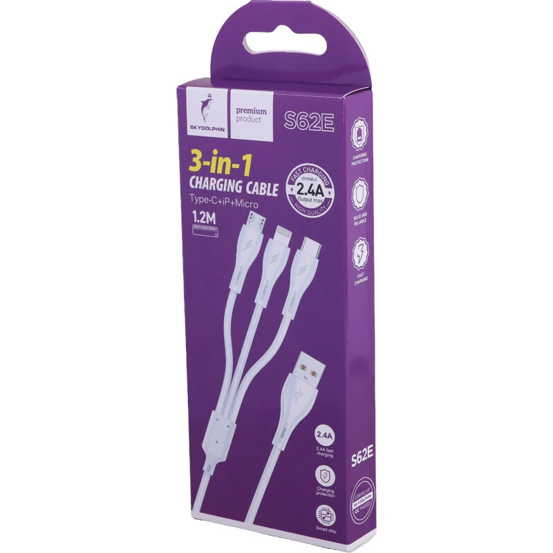کابل سه سر فست شارژ 2.4 آمپر اسکای دلفین S62E طول 1.2 متر