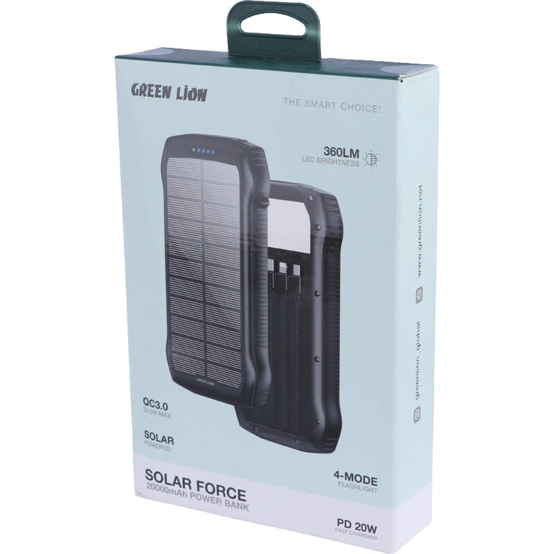 پاور بانک خورشیدی فست شارژ گرین لاین Solar Force GL-PX82 GNSOLF20PBBK QC3.0 PD 22.5W ظرفیت 20000 میلی آمپر ساعت