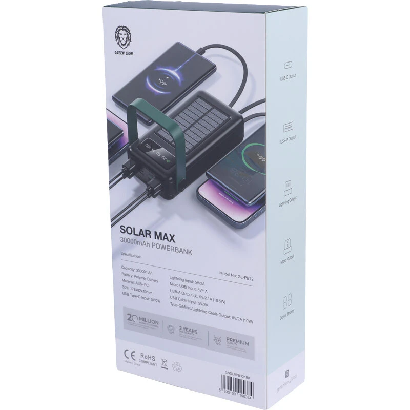 پاور بانک خورشیدی گرین لاین Solar Max GL-PB72 GNSLRPB30K 10.5W ظرفیت 30000 میلی آمپر ساعت