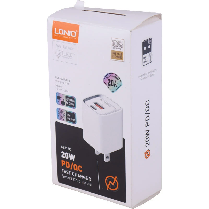 شارژر دیواری 20 وات الدینیو A2318C QC3.0 PD 3A + کابل تبدیل تایپ سی