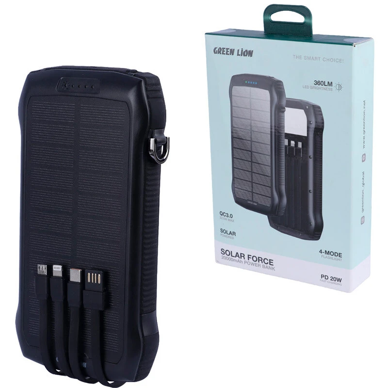 پاور بانک خورشیدی فست شارژ گرین لاین Solar Force GL-PX82 GNSOLF20PBBK QC3.0 PD 22.5W ظرفیت 20000 میلی آمپر ساعت