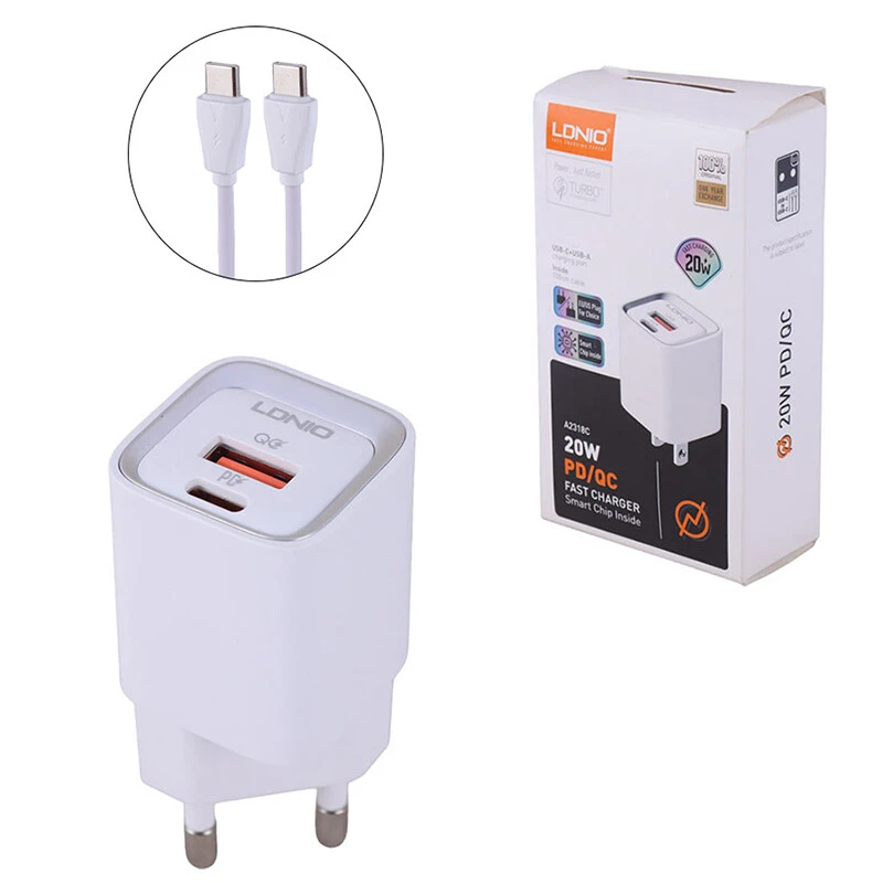 شارژر دیواری 20 وات الدینیو A2318C QC3.0 PD 3A + کابل تبدیل تایپ سی