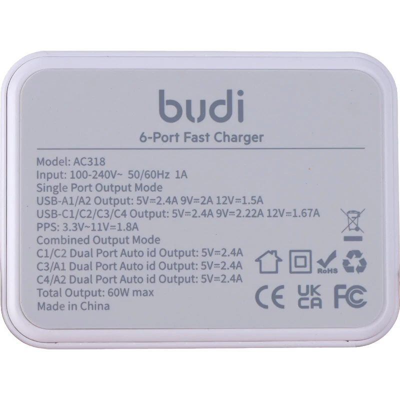 شارژر رومیزی 6 پورت 20 وات بودی AC318 GaN PD QC3.0