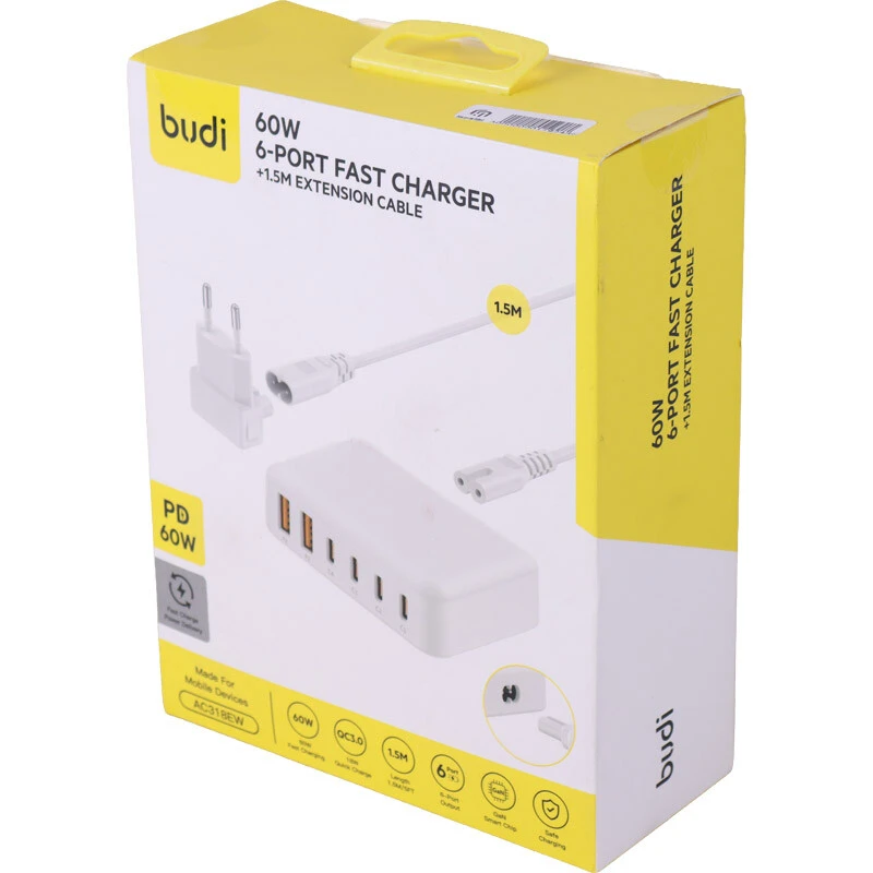 شارژر رومیزی 6 پورت 20 وات بودی AC318 GaN PD QC3.0