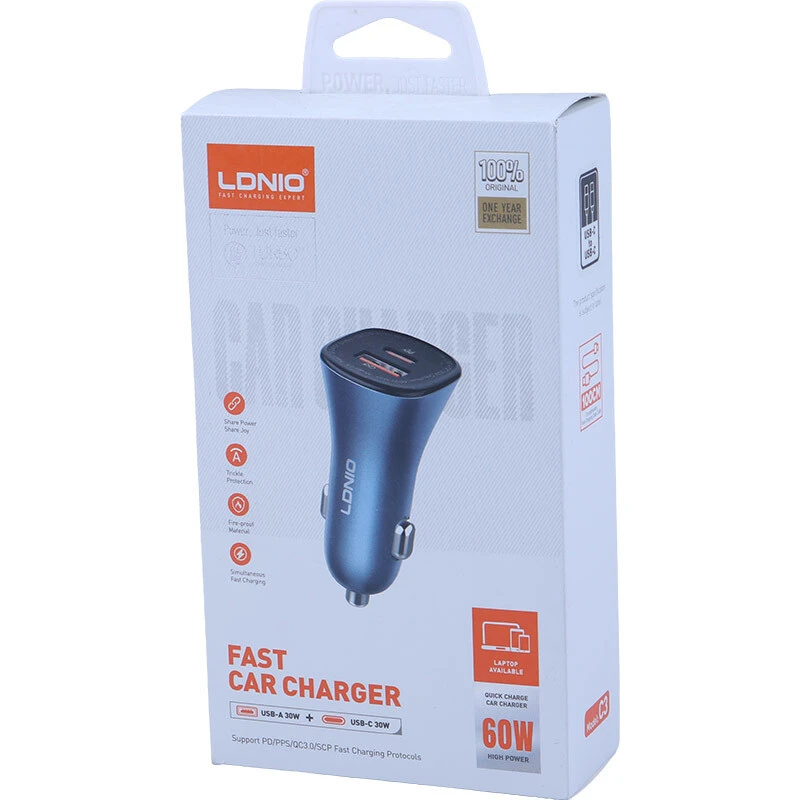 شارژر فندکی 30 وات الدینیو C3 + کابل تبدیل تایپ سی