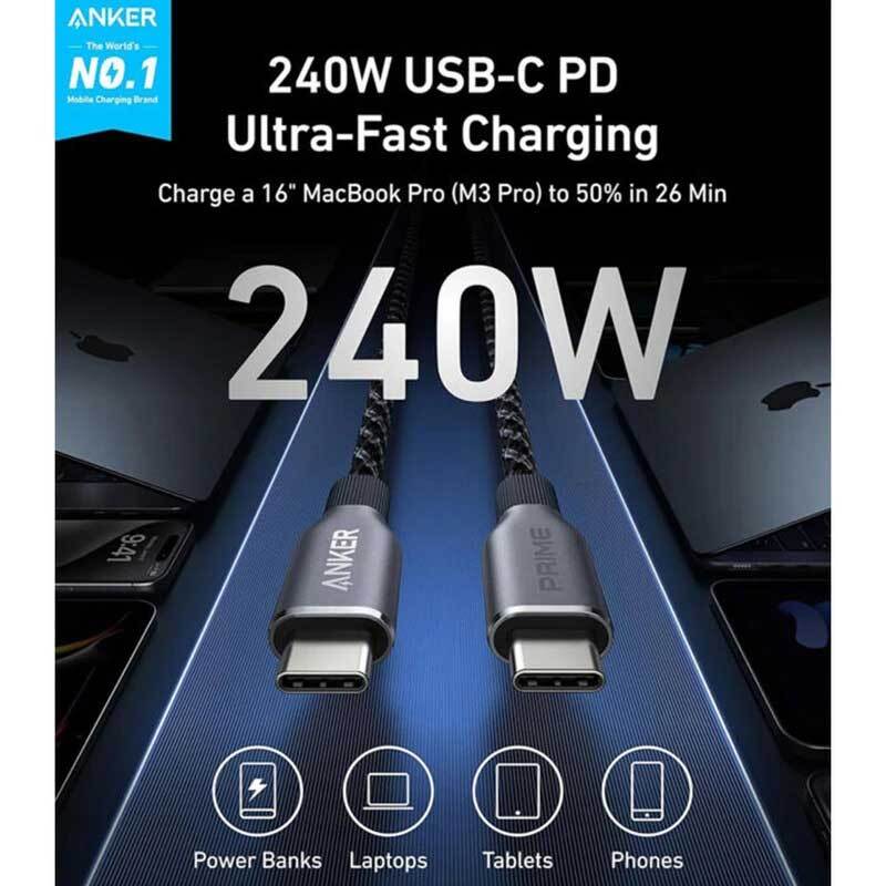 کابل دو سر تایپ سی فست شارژ 240 وات انکر A88E2 طول 1.8 متر