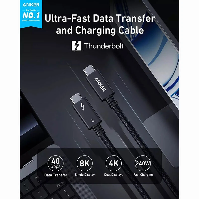 کابل دو سر تایپ سی فست شارژ 240 وات انکر Prime Thunderbolt 4 A84N0011 طول 1 متر