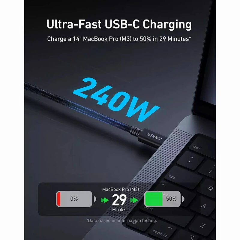کابل دو سر تایپ سی فست شارژ 240 وات انکر Prime Thunderbolt 4 A84N0011 طول 1 متر