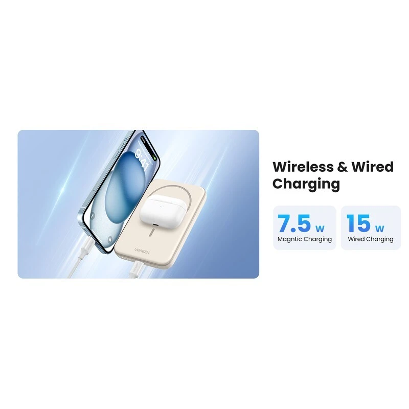 پاور بانک بی سیم فست شارژ یوگرین PB560-25207 QC PD3.0 15W ظرفیت 5000 میلی آمپر ساعت