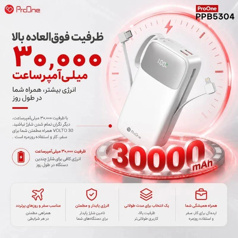 پاور بانک فست شارژ پرووان Volto 30 PPB5304 PD 22.5W ظرفیت 30000 میلی آمپر ساعت