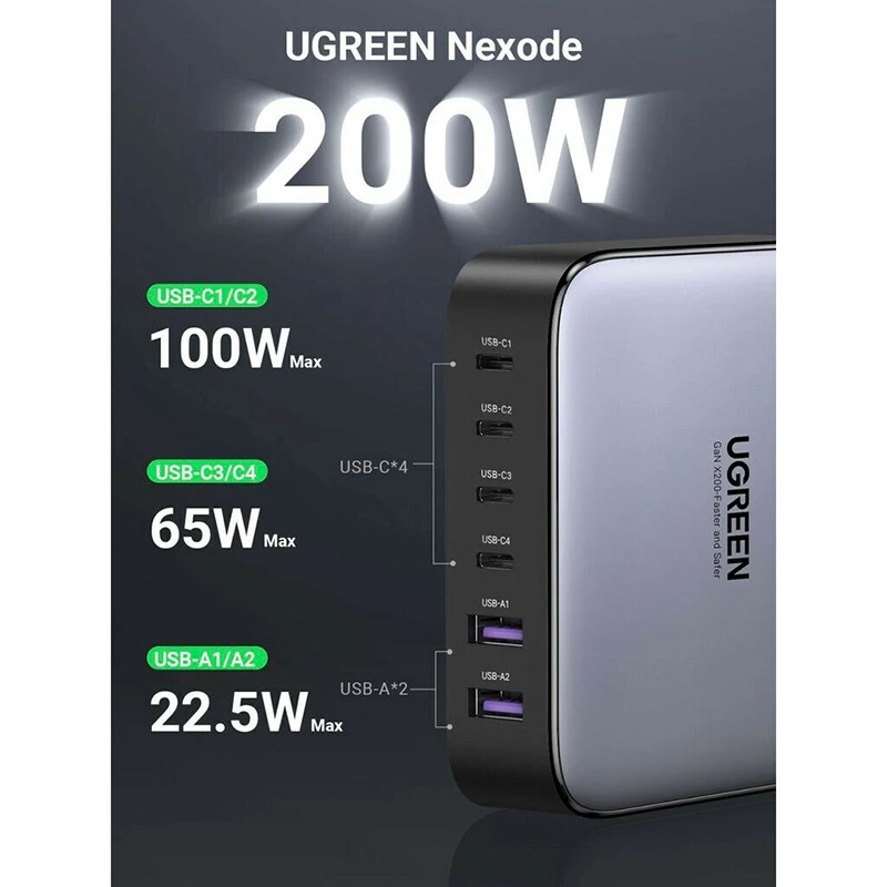 شارژر رومیزی فست شارژ 6 پورت 100 وات یوگرین Nexode CD271-40914 GaN QC4.0+ PD3.0