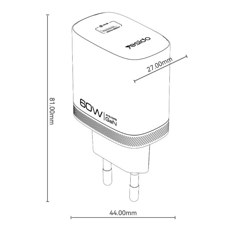شارژر دیواری 60 وات یسیدو YC115 GaN PD3.2 3A + کابل تبدیل تایپ سی