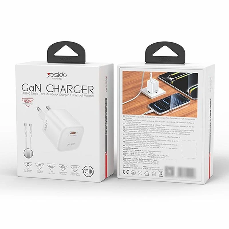 شارژر دیواری 45 وات یسیدو YC116 GaN PD 3A + کابل تبدیل تایپ سی