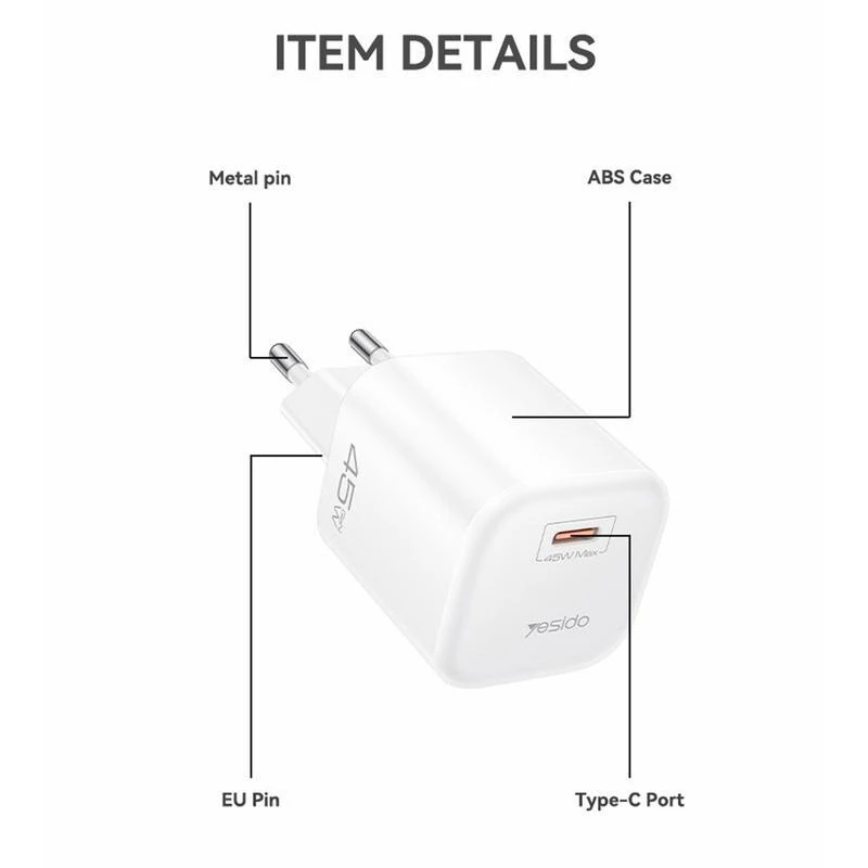 شارژر دیواری 45 وات یسیدو YC116 GaN PD 3A + کابل تبدیل تایپ سی