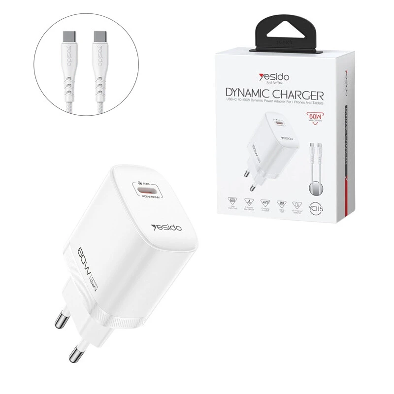 شارژر دیواری 60 وات یسیدو YC115 GaN PD3.2 3A + کابل تبدیل تایپ سی