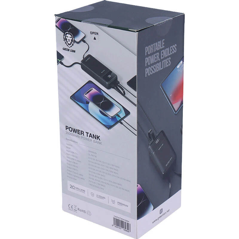 پاور بانک فست شارژ گرین لاین Power Tank GL-PBT30 GNPWT30KPB QC3.0 PD3.0 22.5W ظرفیت 30000 میلی آمپر ساعت