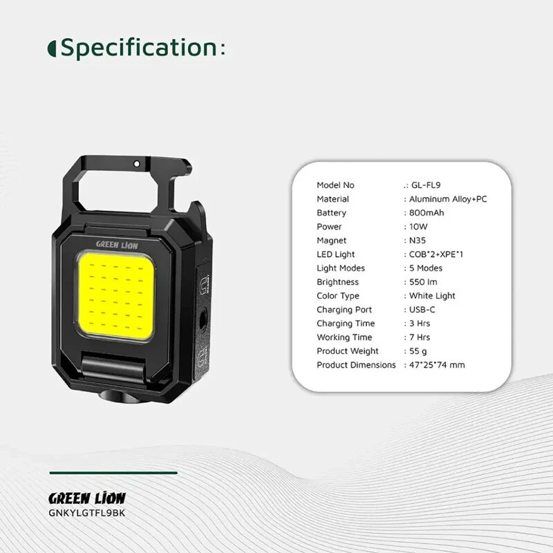 چراغ کمپینگ شارژی گرین لاین Keychain Light GL-FL9 GNKYLGTFL9BK