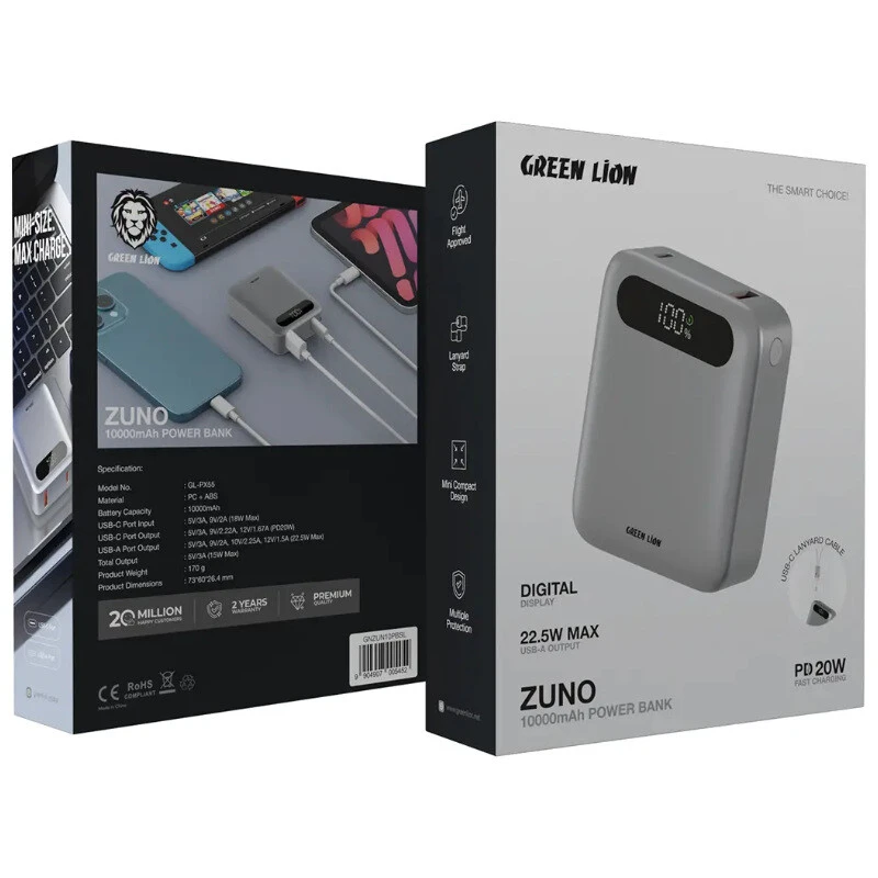 پاور بانک فست شارژ گرین لاین Zuno GL-PX55 GNZUN10PB PD 22.5W ظرفیت 10000 میلی آمپر ساعت