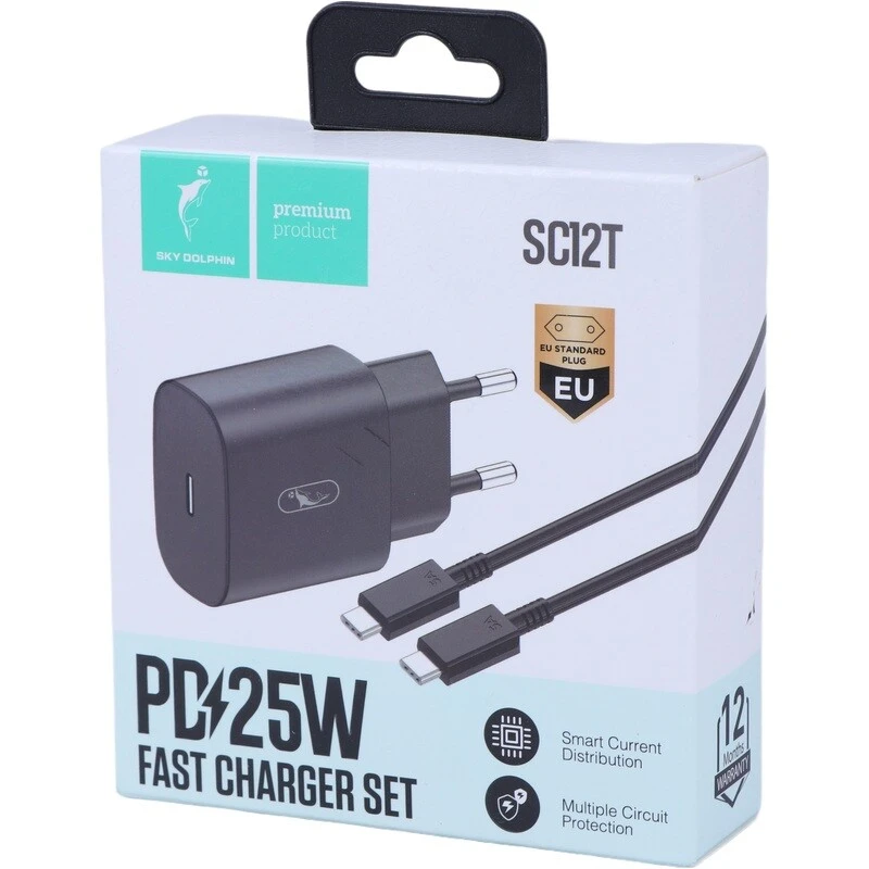 شارژر دیواری 25 وات اسکای دلفین SC12T PD 3A + کابل تبدیل تایپ سی