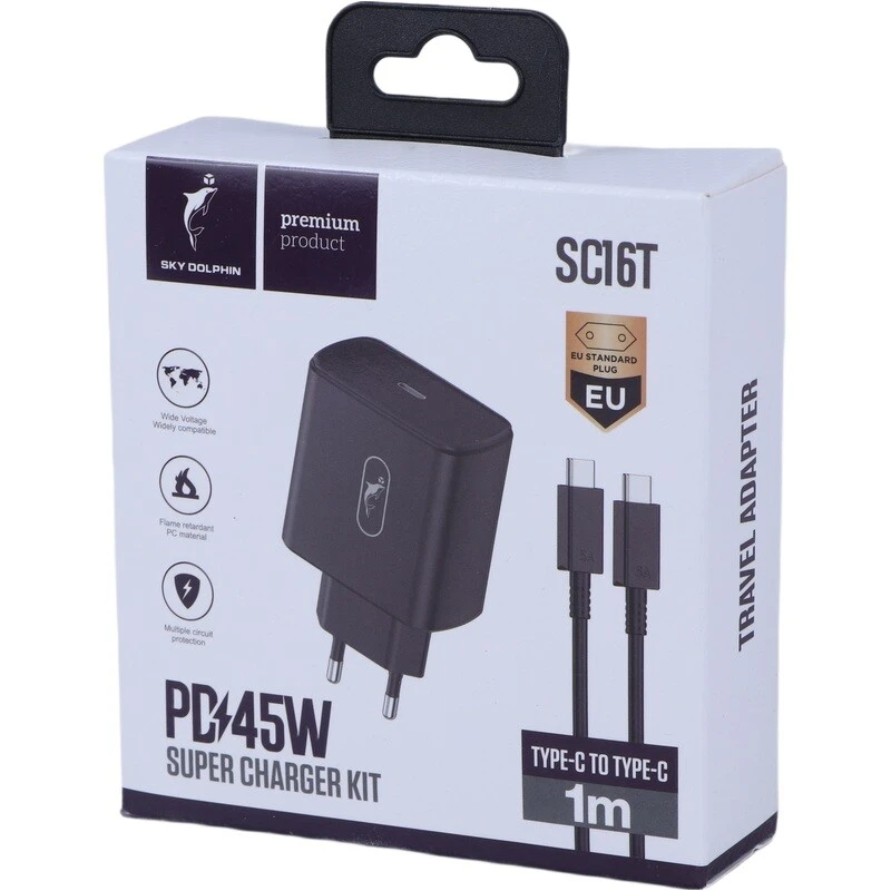 شارژر دیواری 45 وات اسکای دلفین SC16T PD 3A + کابل تبدیل تایپ سی