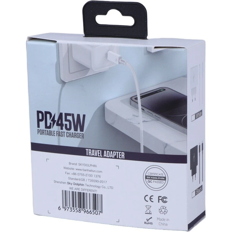 شارژر دیواری 45 وات اسکای دلفین SC16T PD 3A + کابل تبدیل تایپ سی