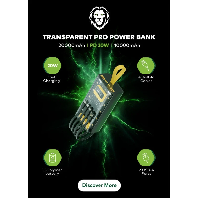 پاور بانک فست شارژ گرین لاین Transparent Pro PD 20W ظرفیت 20000 میلی آمپر ساعت