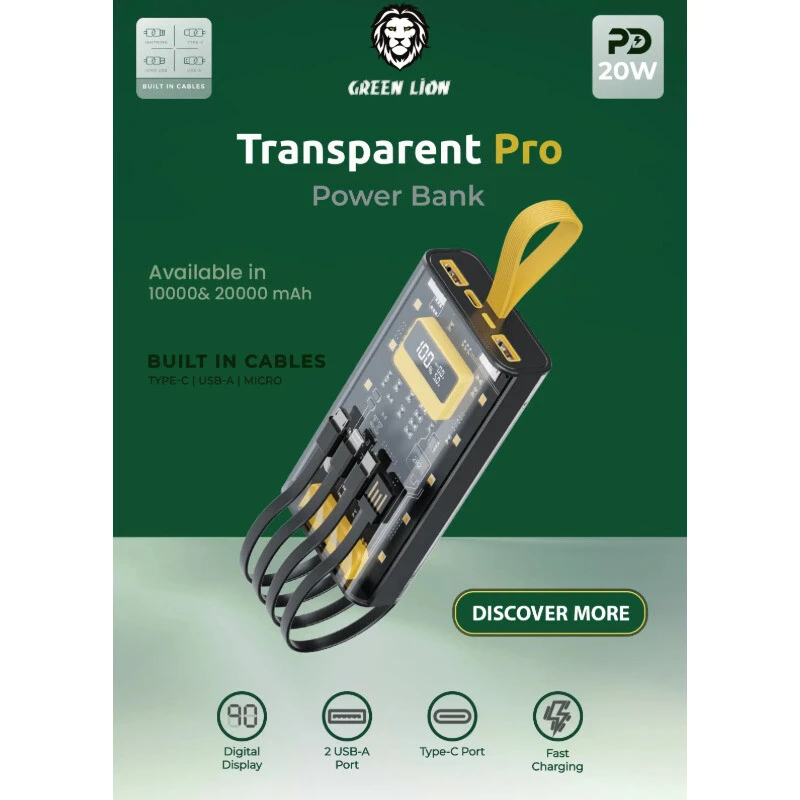 پاور بانک فست شارژ گرین لاین Transparent Pro PD 20W ظرفیت 20000 میلی آمپر ساعت