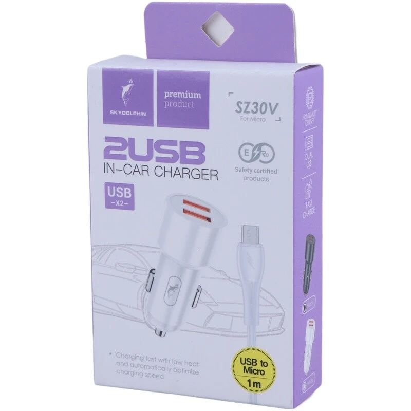 شارژر فندکی 12 وات اسکای دلفین SZ30V + کابل میکرو یو اس بی
