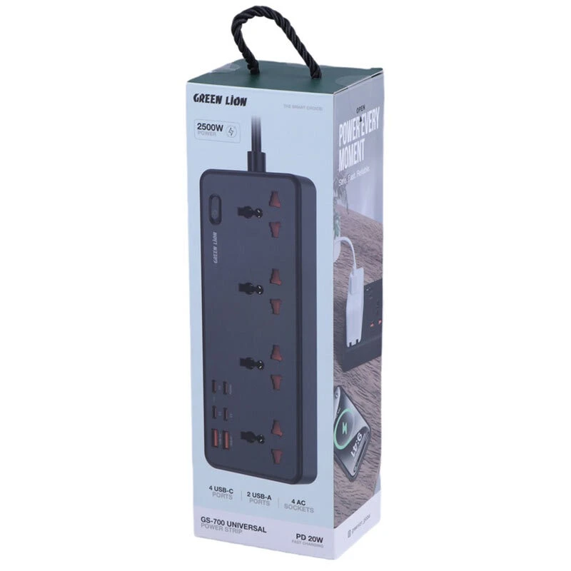 چند راهی 4 خانه گرین لاین GS-700 GNGS700PSTI با کابل 2 متری + شارژر USB و Type-C