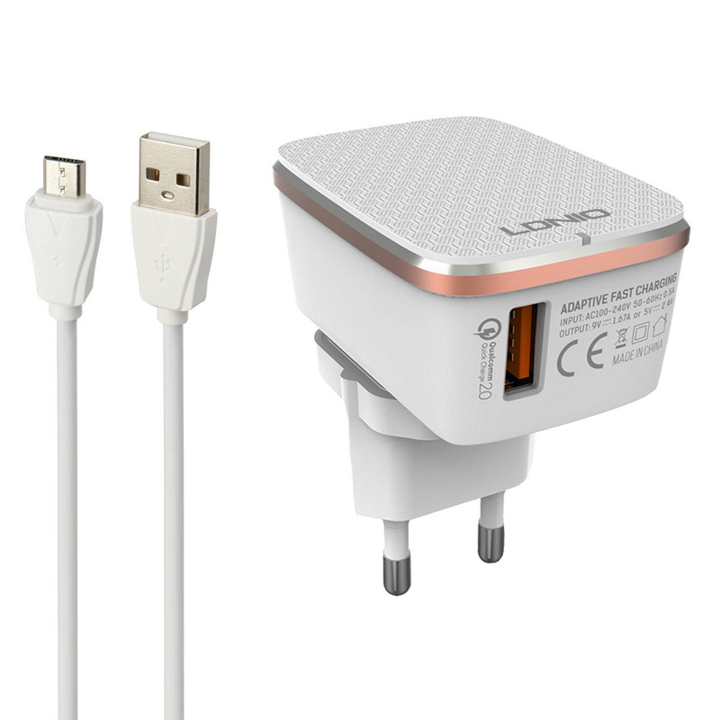 شارژر دیواری فست شارژ LDNIO A1204Q QC2 2.4A + کابل میکرو یو اس بی و تبدیل EU